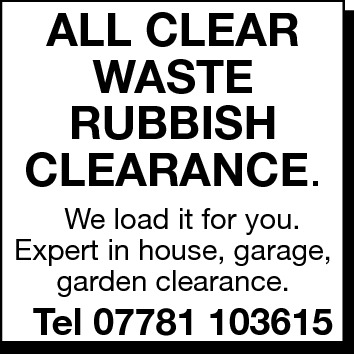  ALL CLEAR WASTE RUBBISH CLEARANCE.  We load it for you. Expert in house, garage, garden clearance.  Tel 07781 103615 